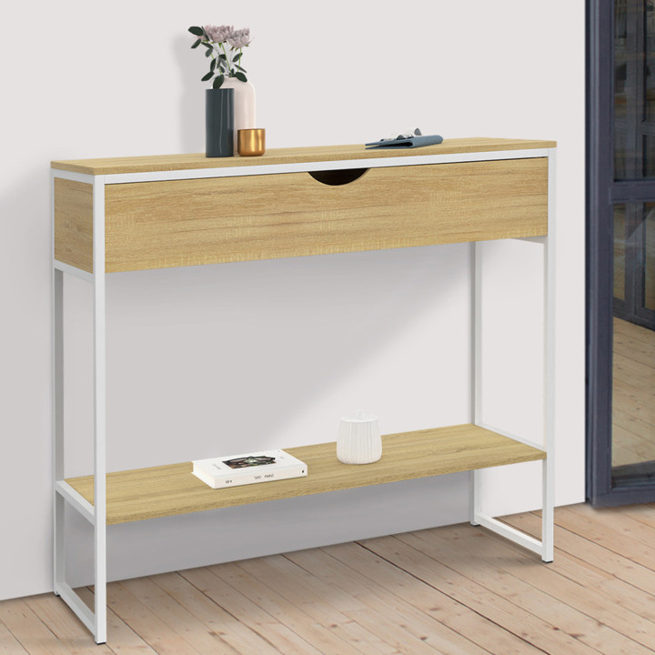 Console 1 tiroir DETROIT 1 étagère design industriel bois et métal blanc