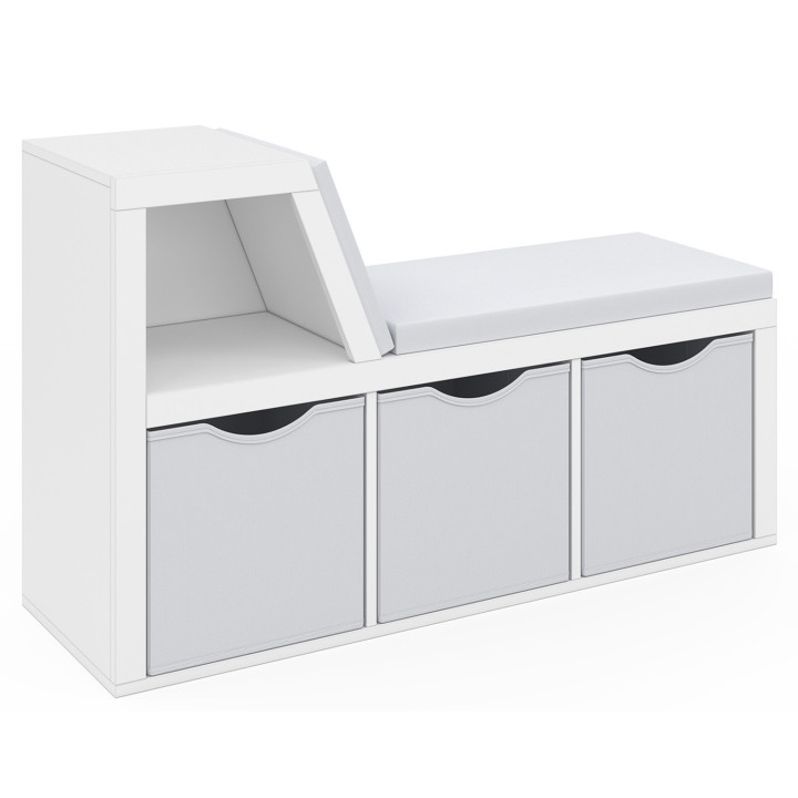 Panca libreria OSCAR 4 scomparti con cuscini grigi e vassoi in tessuto 102 cm bianco
