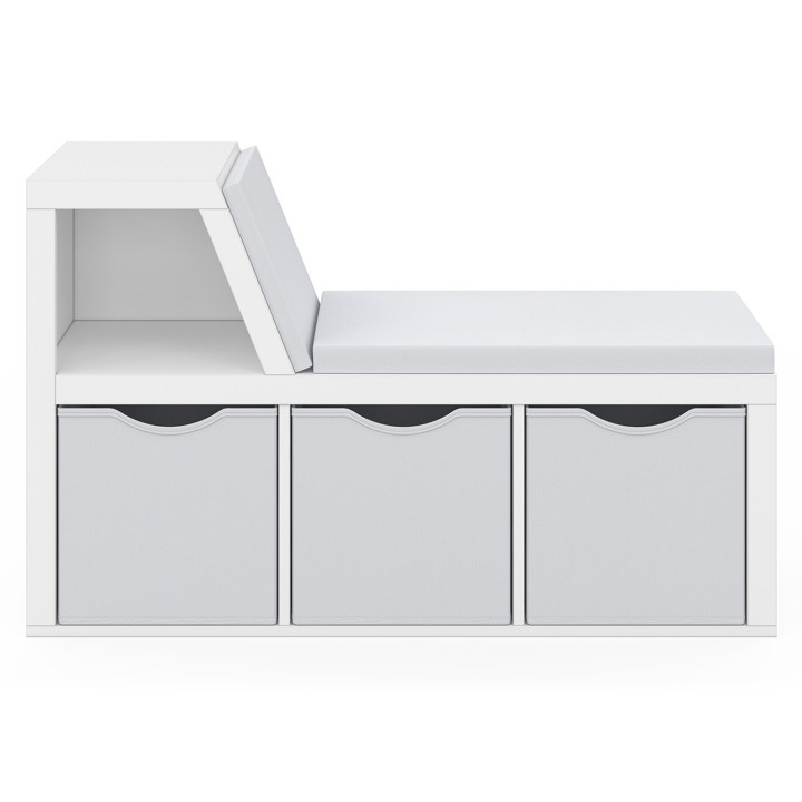Panca libreria OSCAR 4 scomparti con cuscini grigi e vassoi in tessuto 102 cm bianco