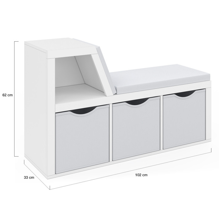 Panca libreria OSCAR 4 scomparti con cuscini grigi e vassoi in tessuto 102 cm bianco