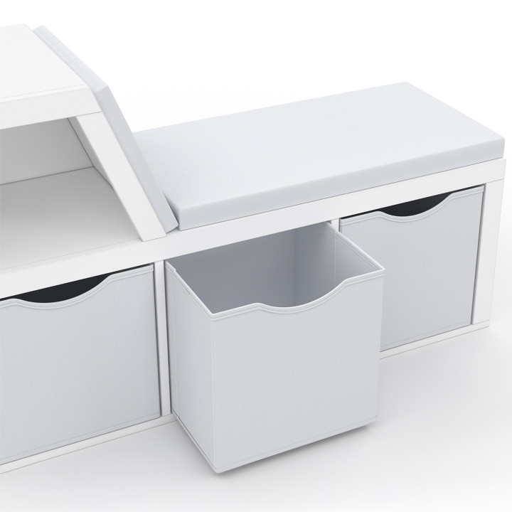 Panca libreria OSCAR 4 scomparti con cuscini grigi e vassoi in tessuto 102 cm bianco