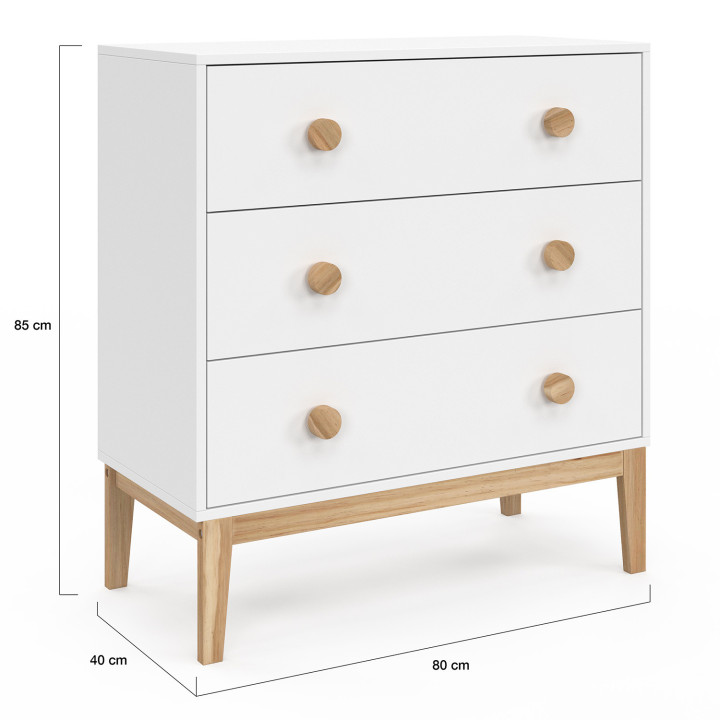 JACOB 80 cm kindercommode met 3 laden in wit en hout