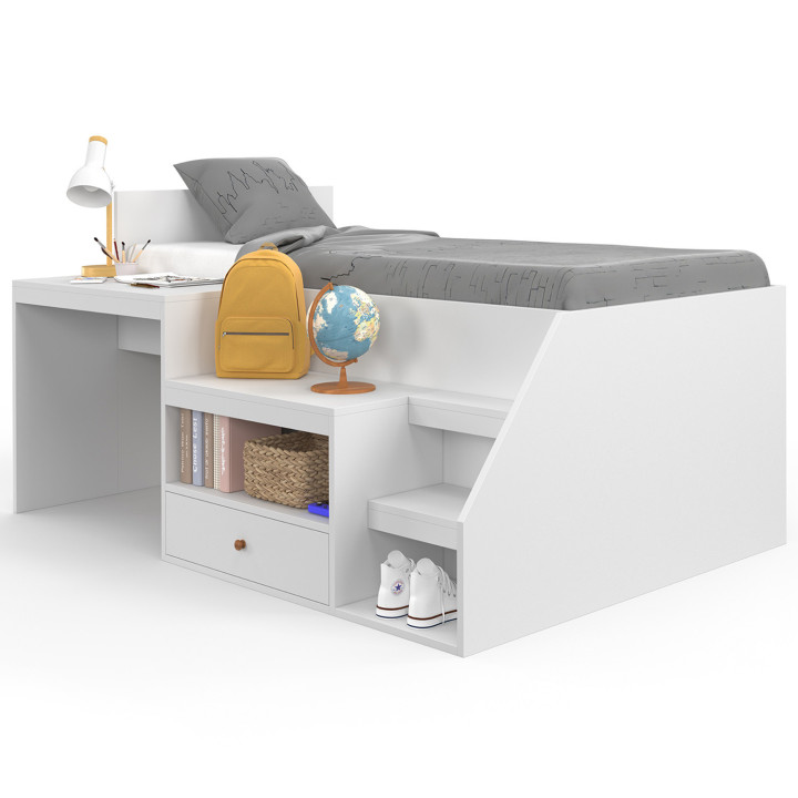 LEOPOLD 90 x 190 cm letto combinato bianco con base, scrivania e contenitore