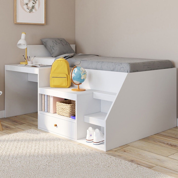 LEOPOLD 90 x 190 cm letto combinato bianco con base, scrivania e contenitore