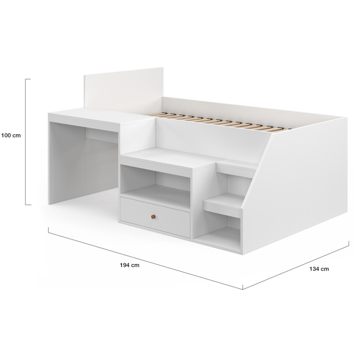 LEOPOLD 90 x 190 cm letto combinato bianco con base, scrivania e contenitore