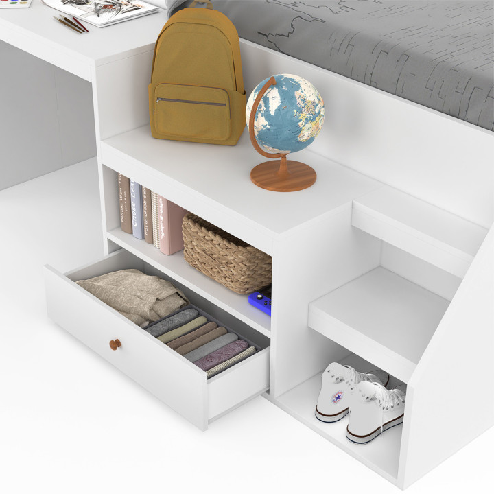 LEOPOLD 90 x 190 cm wit combinatiebed met lattenbodem, bureau en opbergruimte