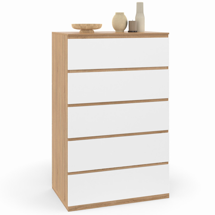 Cómoda de madera de haya y aspecto blanco 5 cajones 60cm - TOMI | ID Market