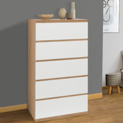 Chiffonnier 5 tiroirs TOMI 60 cm commode semainier bois façon hêtre et blanc