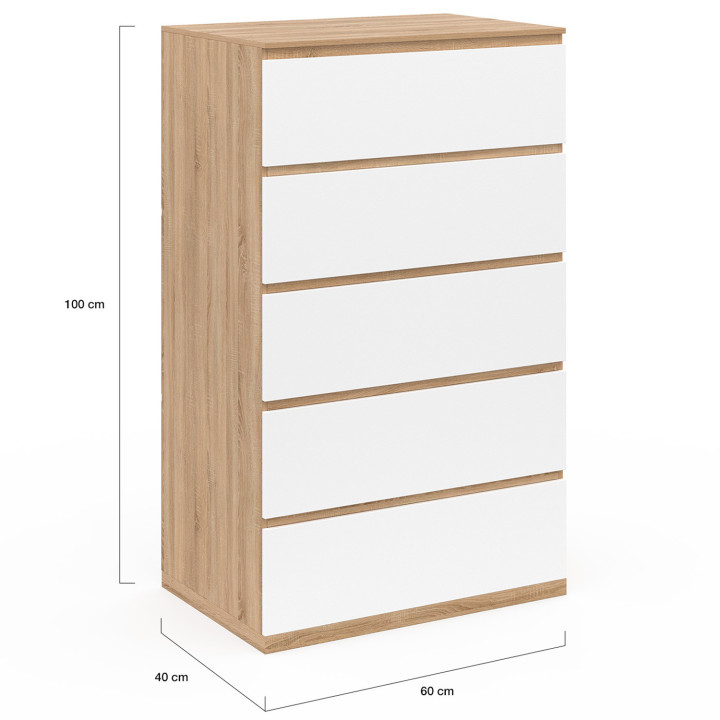 Houten ladekast beuken en wit look 5 lades 60cm - TOMI | ID Market