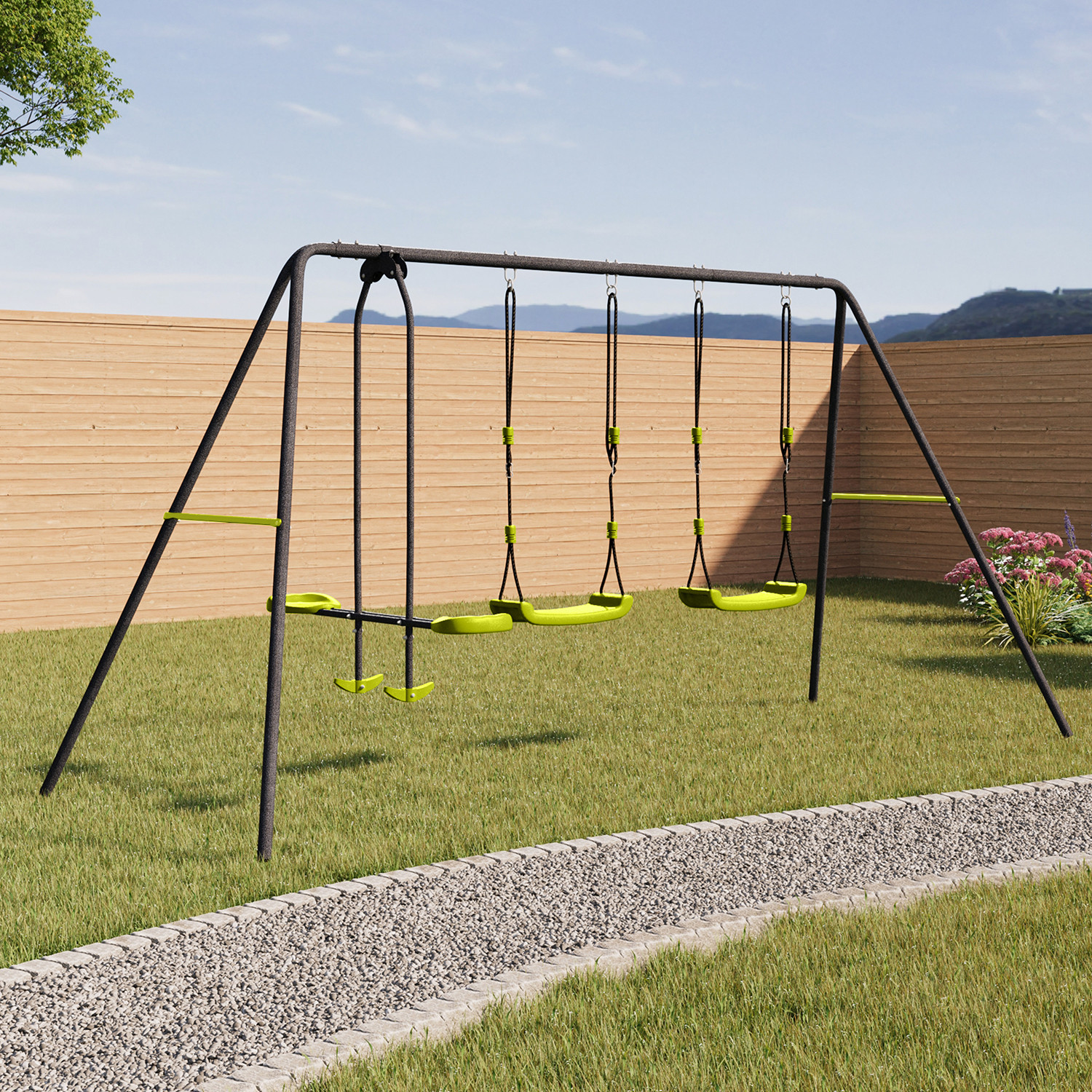 Portique balançoire 3 agrès pour jardin extérieur