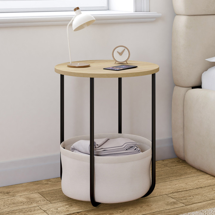 Lot de 2 tables de chevet, tables d'appoint DETROIT rondes avec panier en tissu design industriel