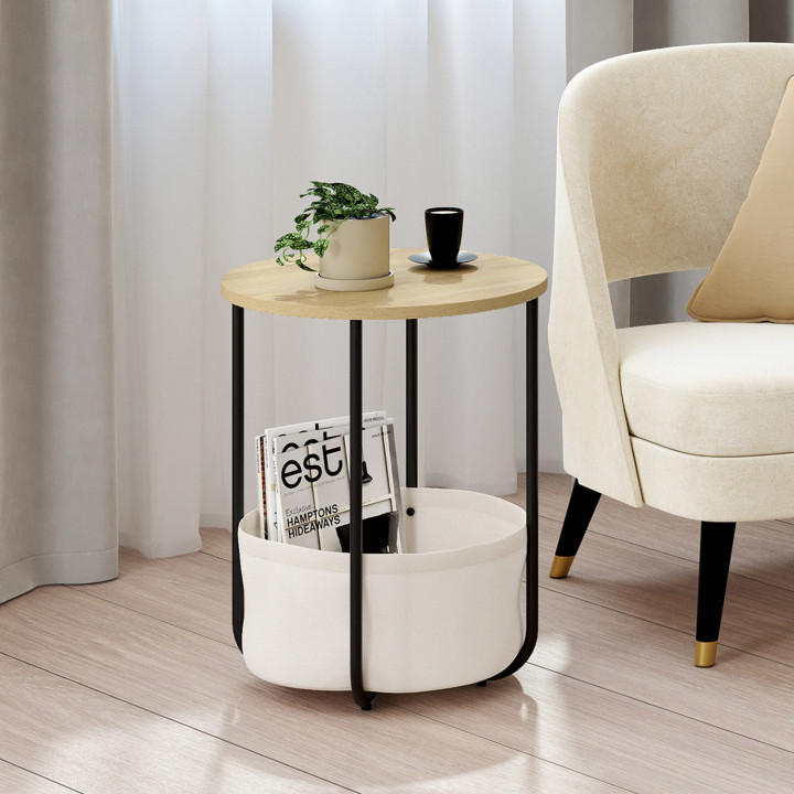 Lot de 2 tables de chevet, tables d'appoint DETROIT rondes avec panier en tissu design industriel