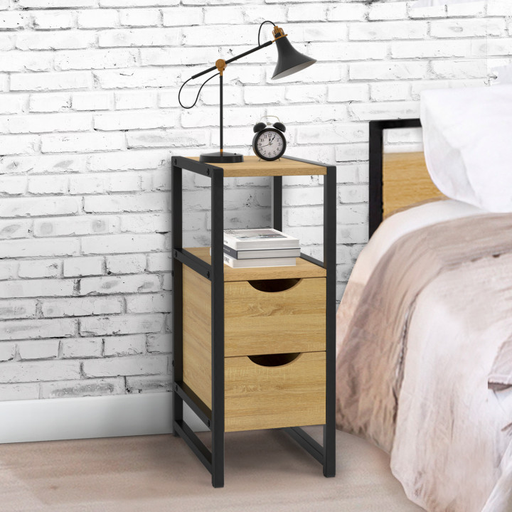 Lot de 2 tables de chevet DETROIT 2 tiroirs et 1 niche bois et métal noir design industriel