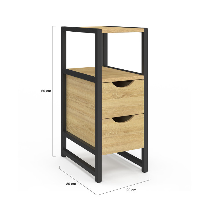 Lot de 2 tables de chevet DETROIT 2 tiroirs et 1 niche bois et métal noir design industriel