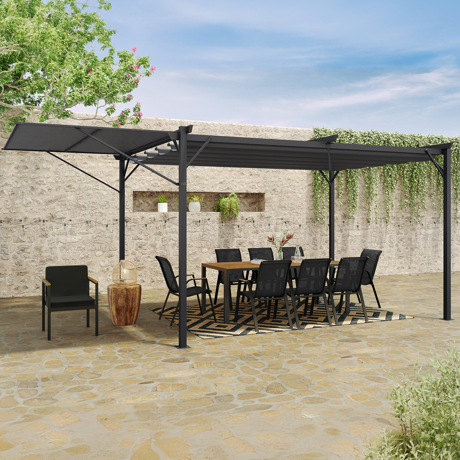 Pergola gris anthracite 3x4M avec auvent et toit réglable