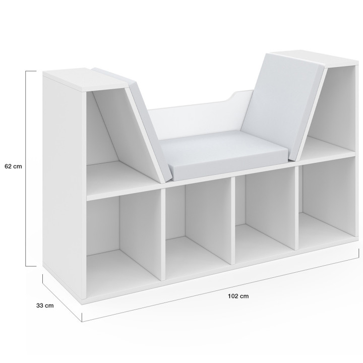 Bibliothèque banc OSCAR 6 cases avec coussins 102 cm blanc