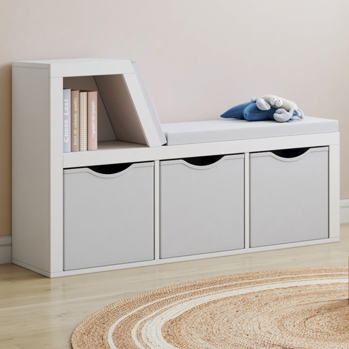 Panca libreria OSCAR 4 scomparti con cuscini grigi e vassoi in tessuto 102 cm bianco