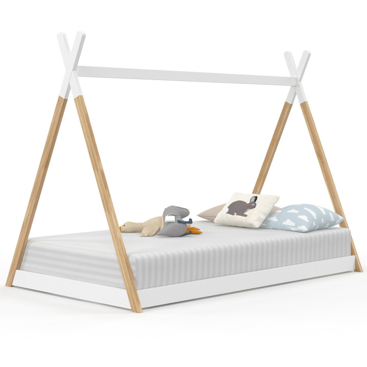 COME 90 x 190 CM letto teepee per bambini con base in legno e bianco