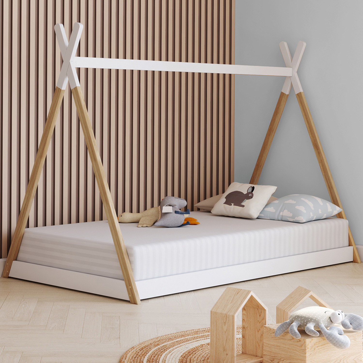 Lit tipi enfant sommier bois et blanc