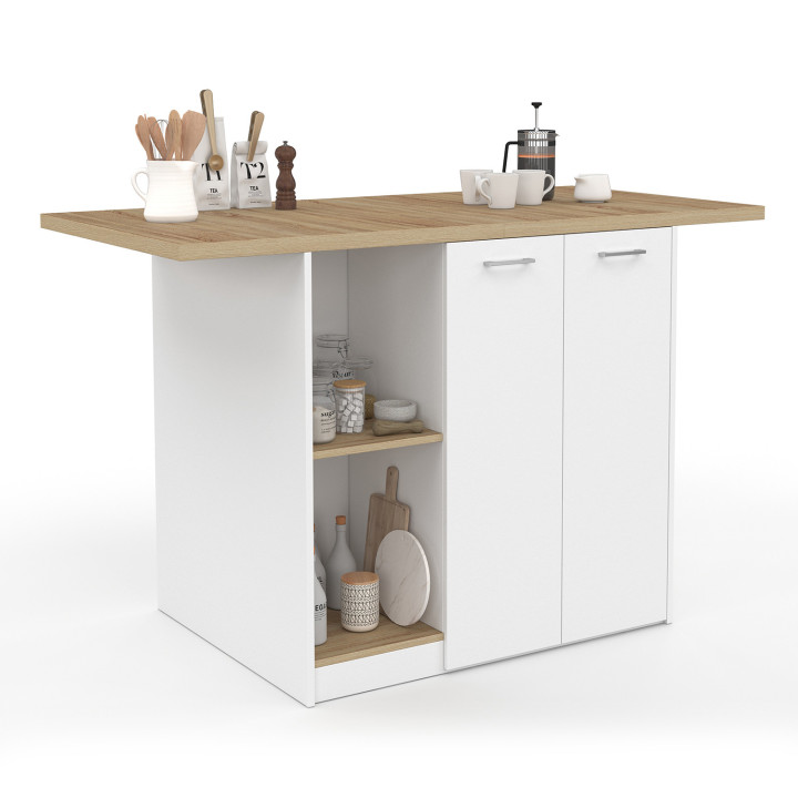 BAO 140 cm 4-persoons middeneiland in wit hout met werkblad in beukeneffect
