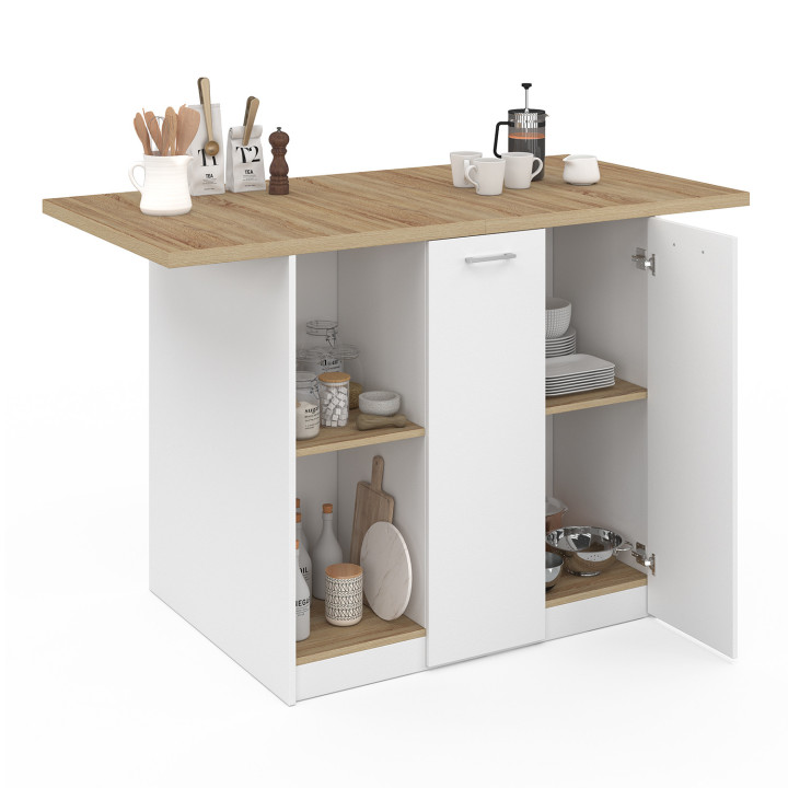 BAO 140 cm 4-persoons middeneiland in wit hout met werkblad in beukeneffect