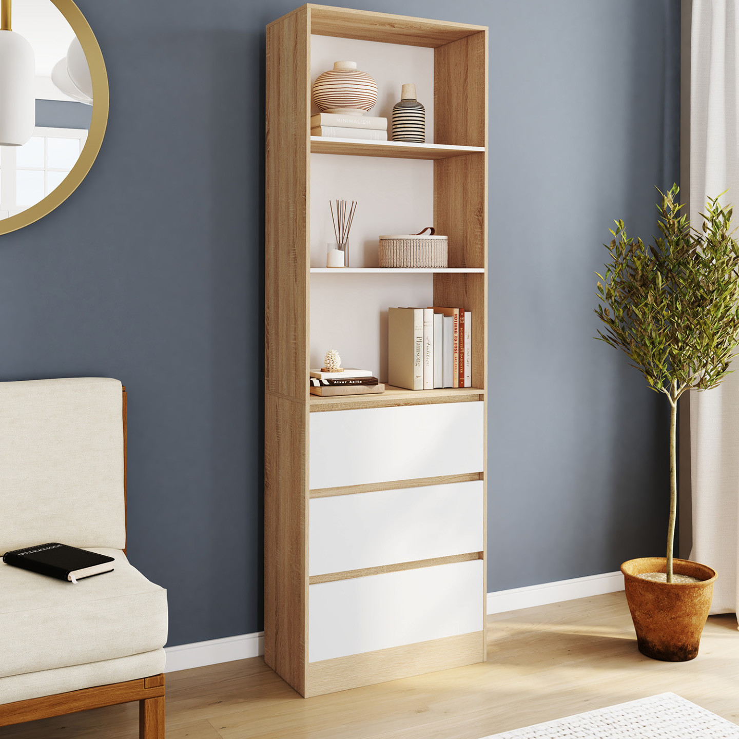 Bücherregal 3 Ebenen 3 Schubladen weiß und Holzeffekt H.190 cm - CARLA