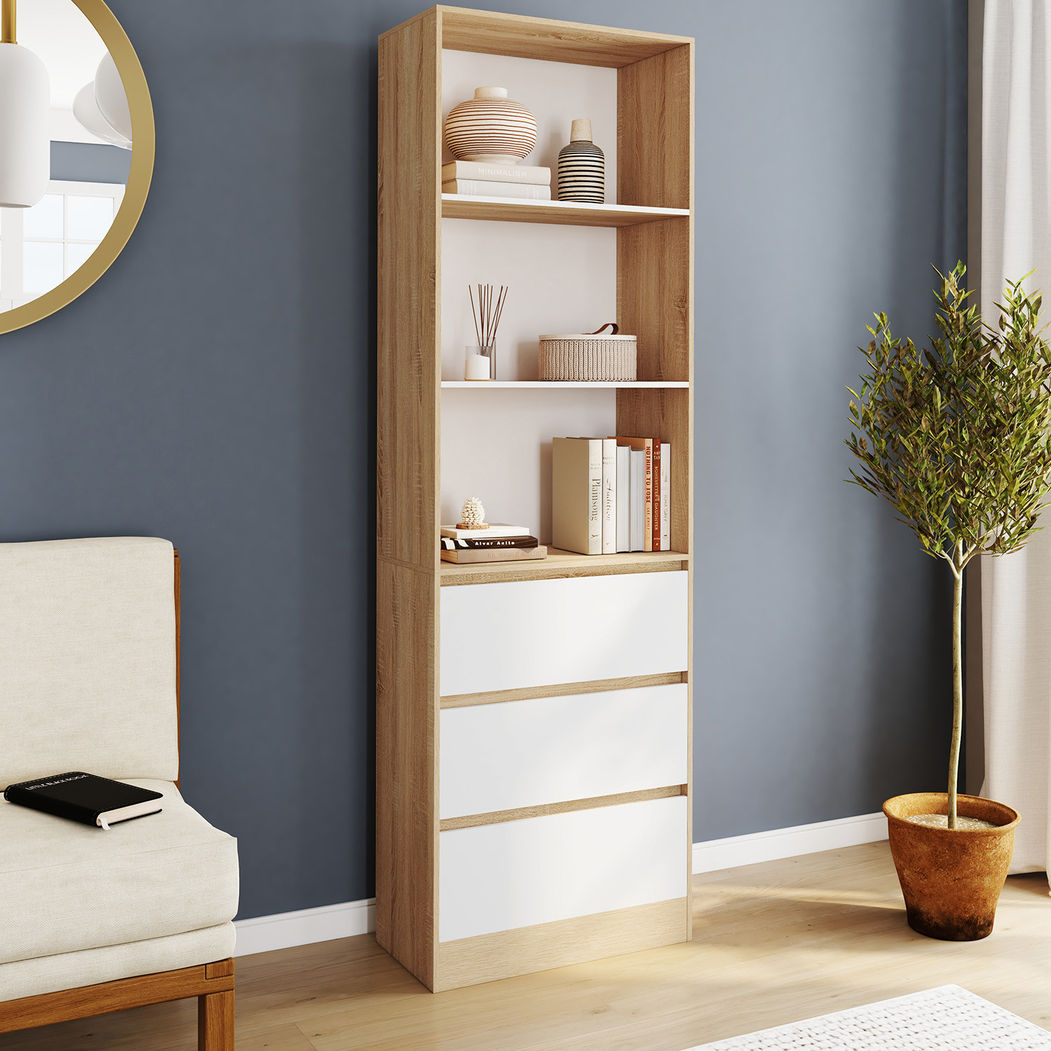 Etagère bibliothèque 3 niveaux 3 tiroirs blanc et effet bois