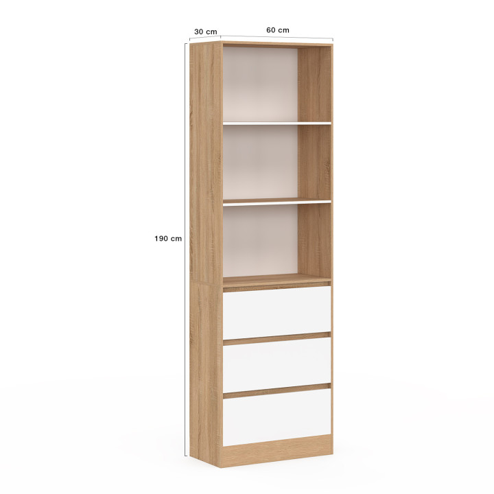 Libreria a 3 livelli con 3 cassetti bianchi ed effetto legno H.190 cm - CARLA | ID Market