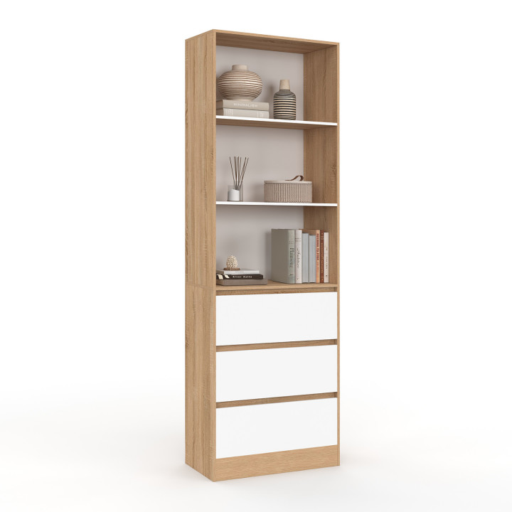 Libreria a 3 livelli con 3 cassetti bianchi ed effetto legno H.190 cm - CARLA | ID Market