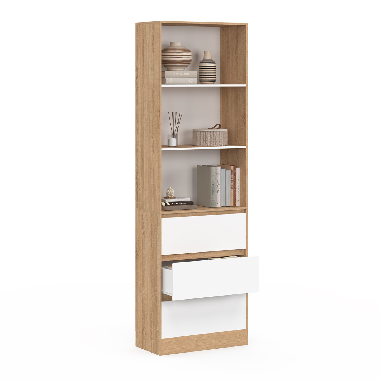 Étagère Bibliothèque Carla 190 Cm - 3 étagères, 2 Tiroirs, 1 Placard - Noir Et Effet Bois - Idéale Pour Petits Espaces