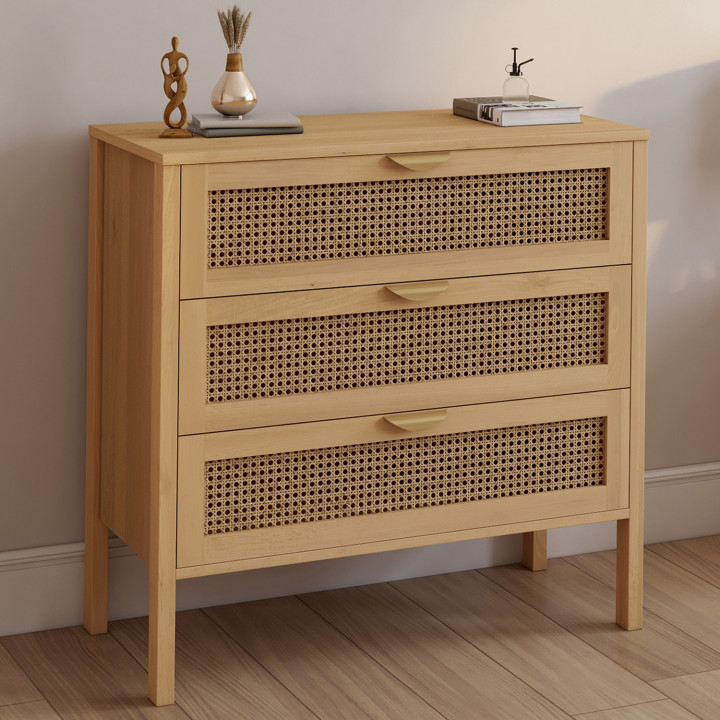 EDHEN Cassettone a 3 cassetti, 80 cm, in vimini color legno