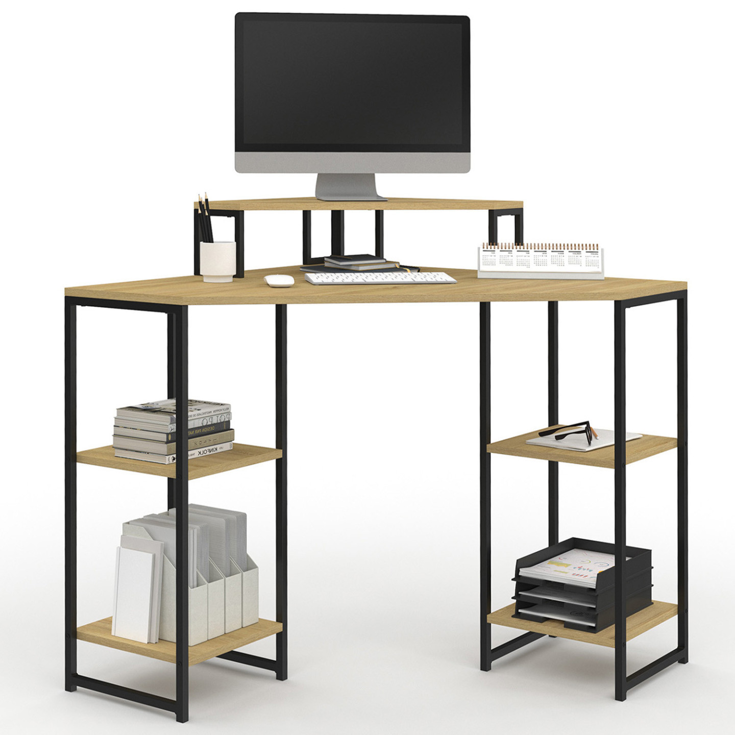 Scrivania Angolare Moderna In Vetro E Metallo - Doppia Postazione, Salvaspazio, Con Supporto PC Incluso