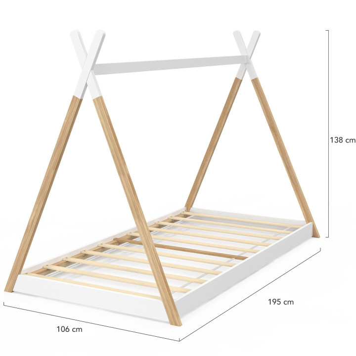 COME 90 x 190 CM letto teepee per bambini con base in legno e bianco