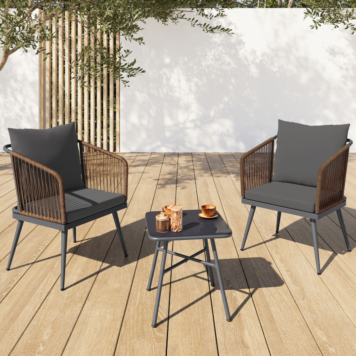 Set di mobili da giardino bassi a 2 posti in metallo grigio con corde in rattan scuro - ARIZONA | ID Market