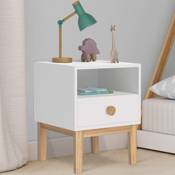 Mesita de noche infantil con cajón + nicho en blanco y madera - JACOB | ID Market