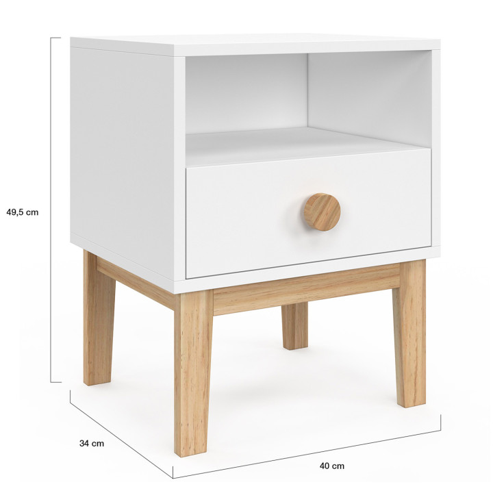 Table de chevet JACOB enfant 1 tiroir + 1 niche blanc et bois