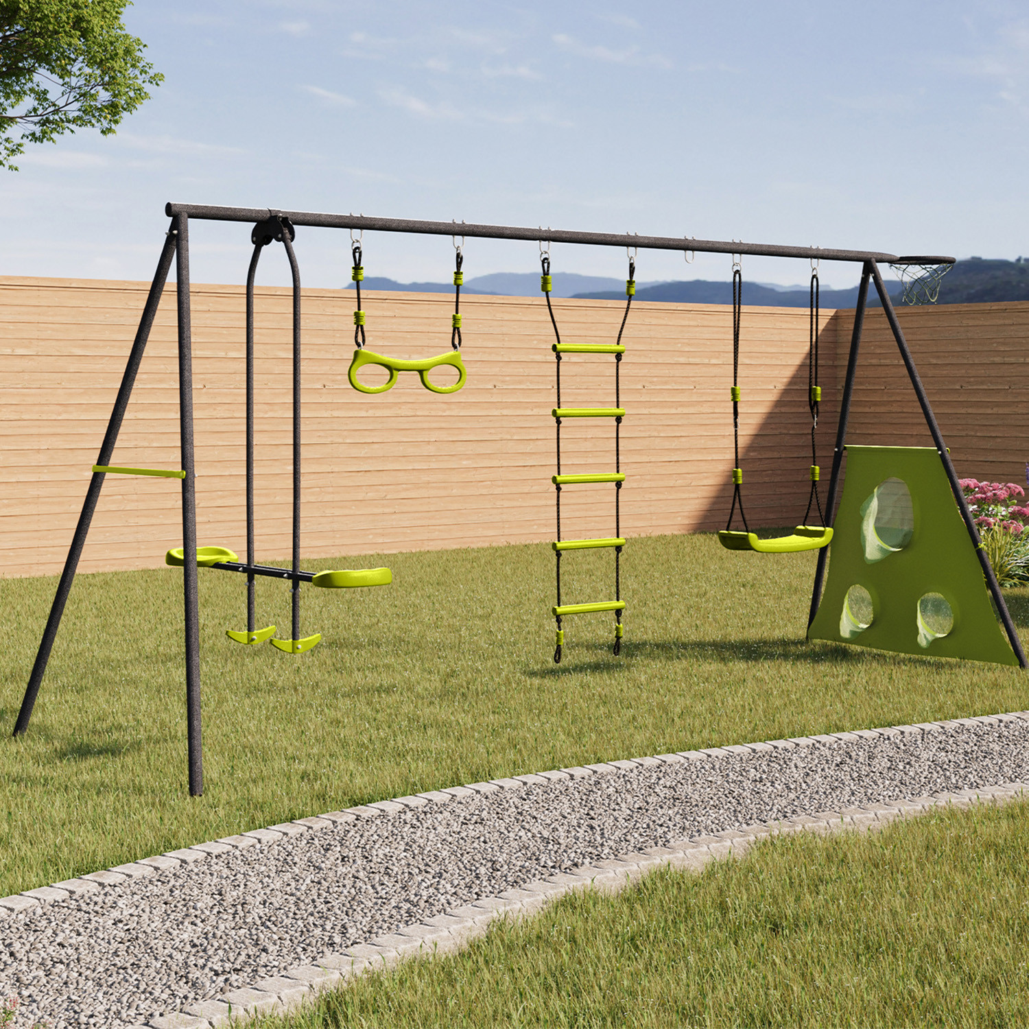 Balançoire 4 portiques pour jardin avec panier de basket et but de foot