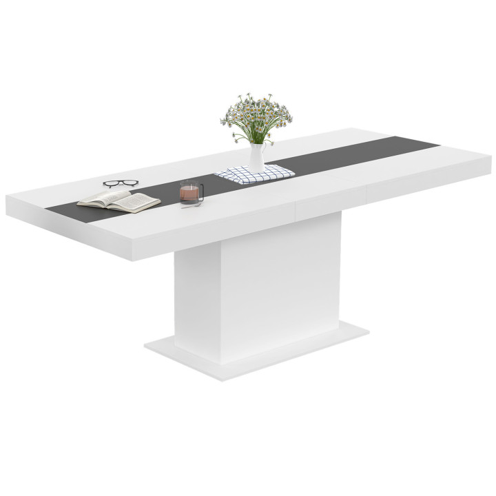 Table à manger extensible rectangle EDEN 6-10 personnes blanche et bande centrale grise 160-200 cm