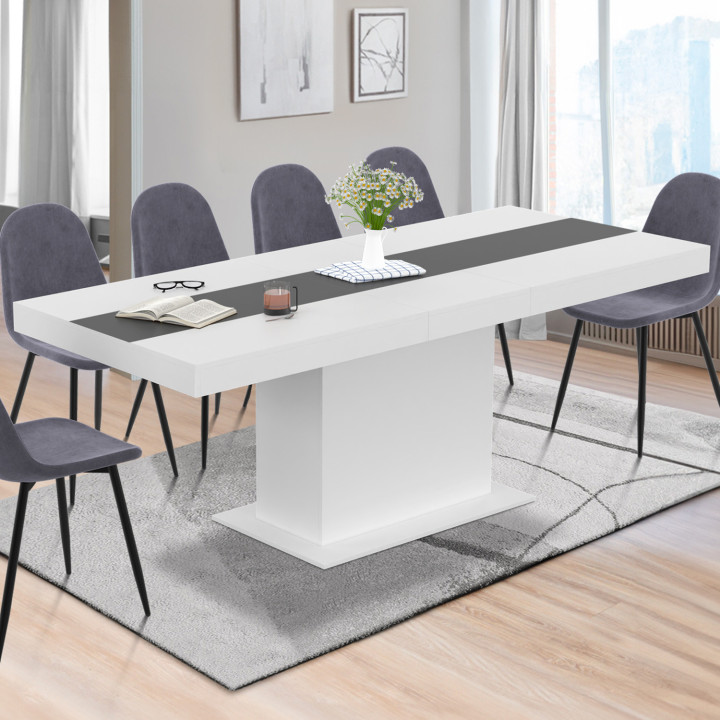 Table à manger extensible rectangle EDEN 6-10 personnes blanche et bande centrale grise 160-200 cm