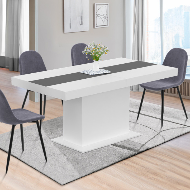 Table à manger extensible rectangle EDEN 6-10 personnes blanche et bande centrale grise 160-200 cm