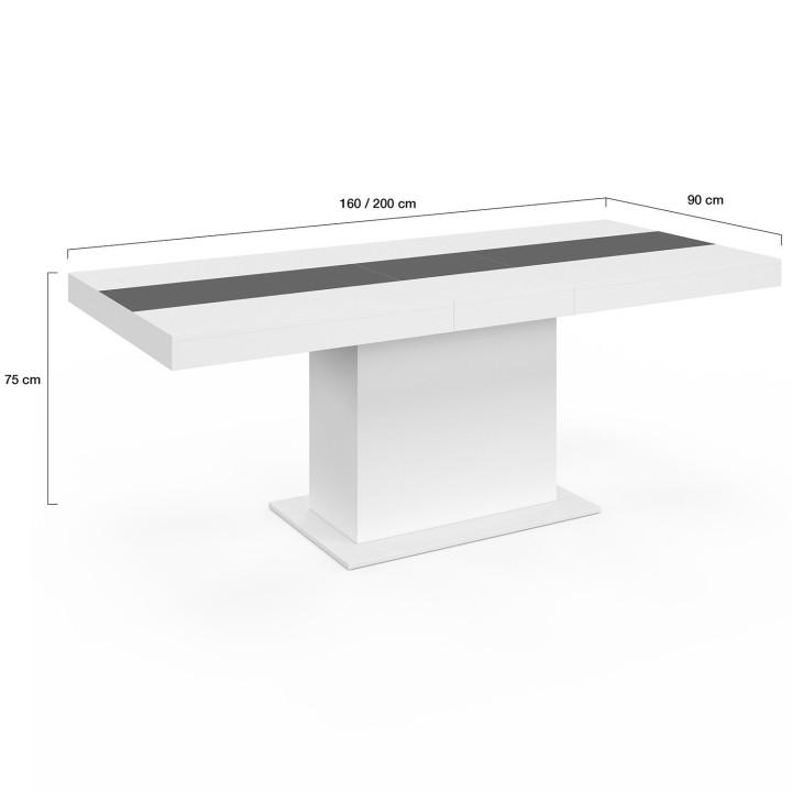 Tavolo da pranzo rettangolare allungabile EDEN 6-10 persone bianco con fascia centrale grigia 160-200 cm