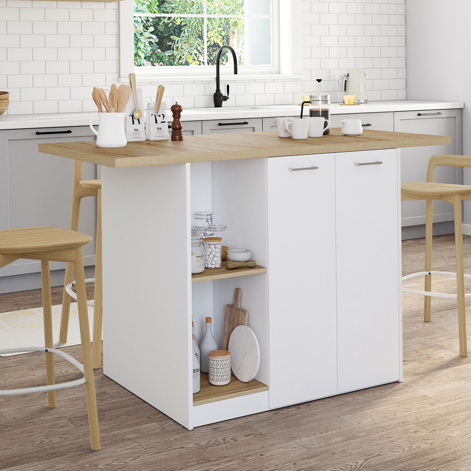 Îlot central bois blanc avec plan de travail façon hêtre 140 cm 4 personnes avec rangement