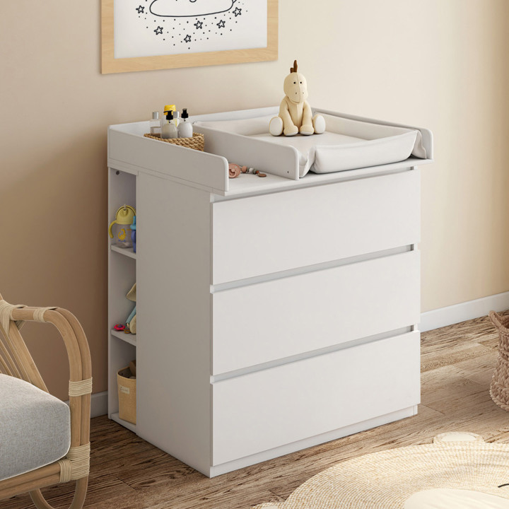 Commode à langer AMBRE blanc 3 tiroirs avec plan à langer et 2 étagères amovibles