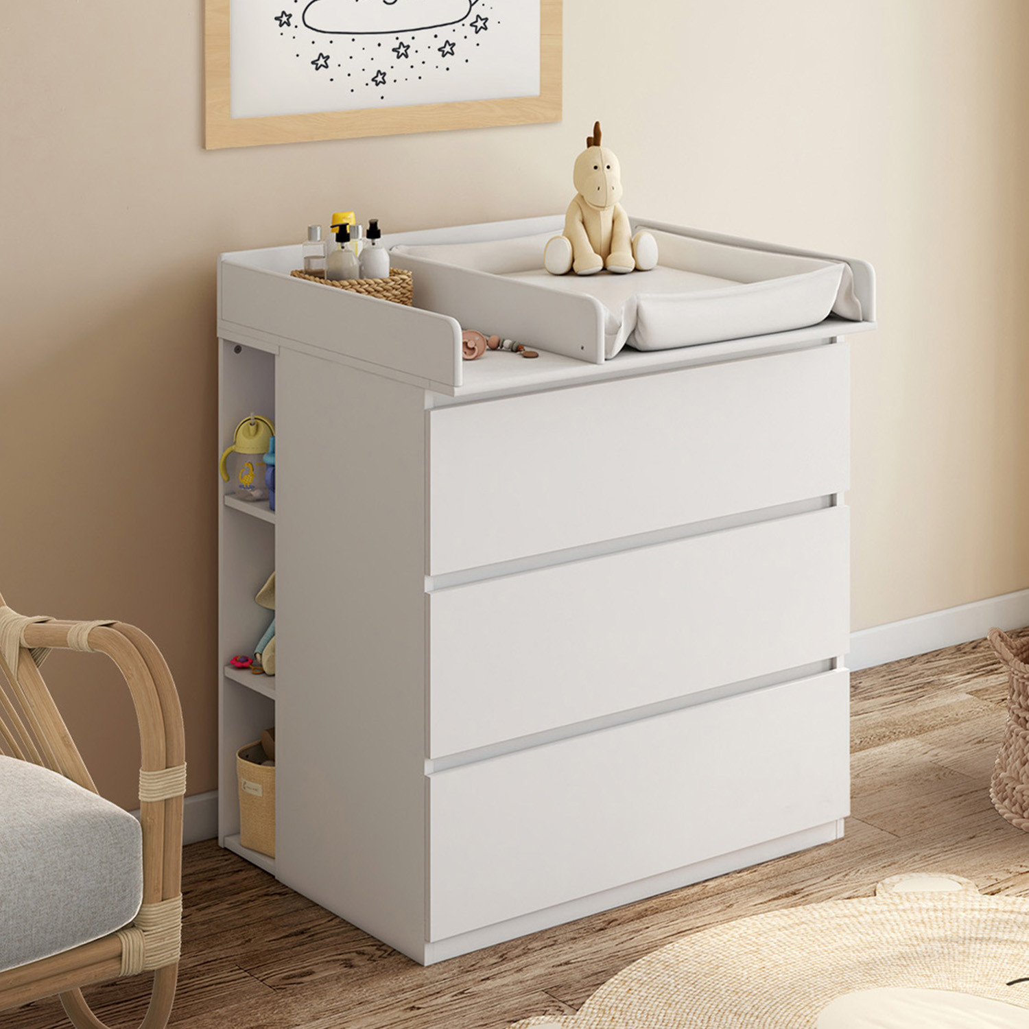 Commode à langer évolutive bois blanc 3 tiroirs et 2 étagères amovibles