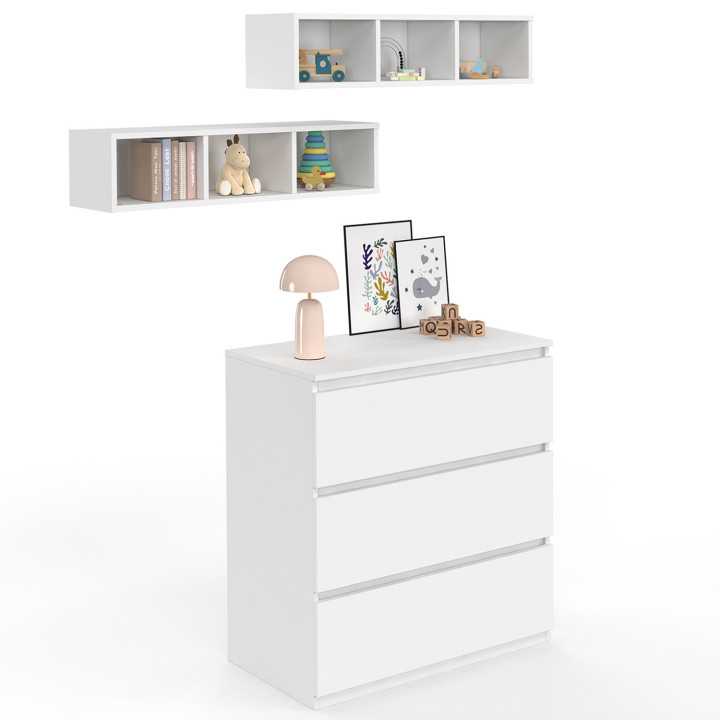 Commode à langer AMBRE blanc 3 tiroirs avec plan à langer et 2 étagères amovibles