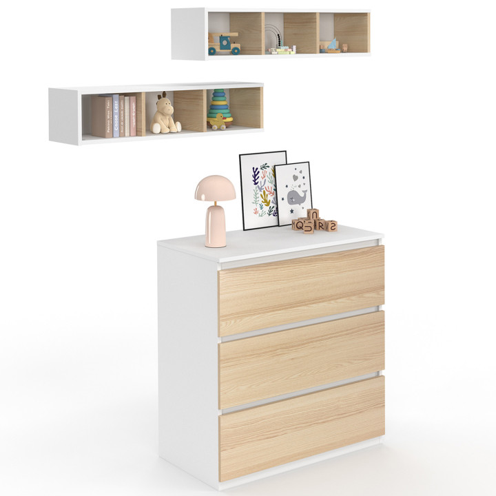 Cassettiera AMBRE, finitura faggio e bianco 3 cassetti, fasciatoio e 2 ripiani estraibili