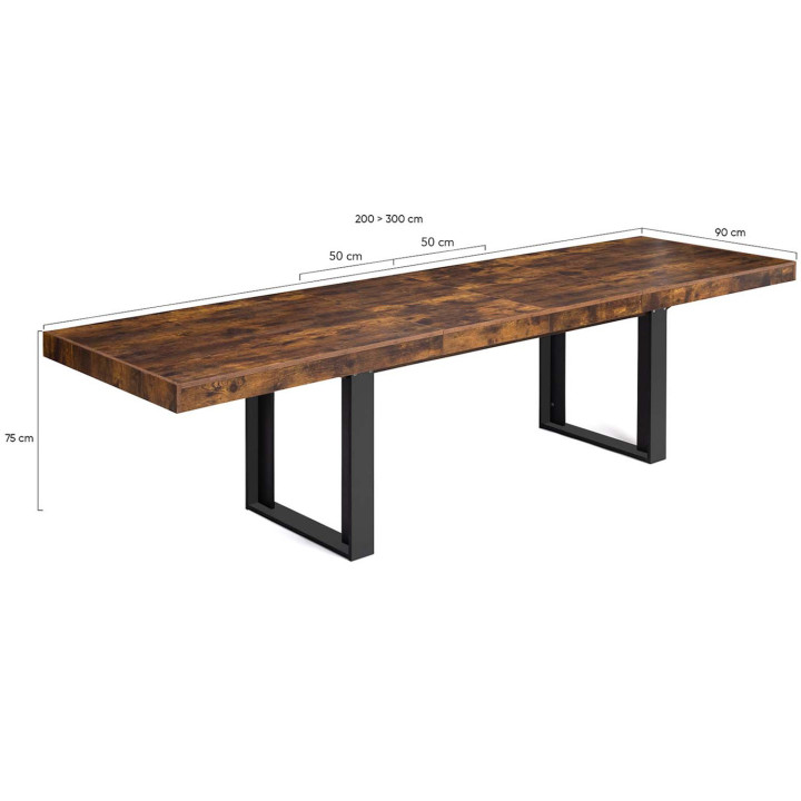 Table à manger extensible rectangle PHOENIX 6-12 personnes bois effet vieilli et noir 200-300 cm