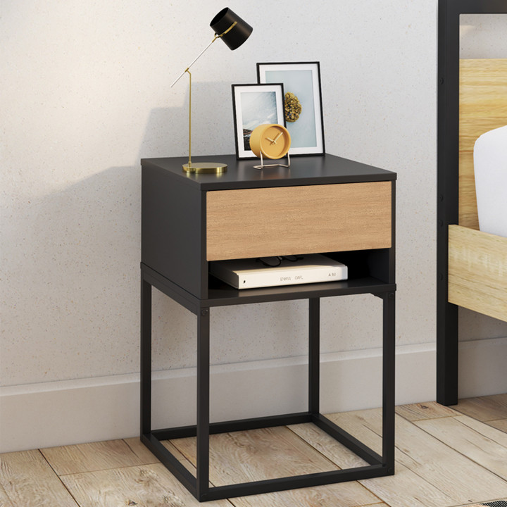 Lot de 2 tables de chevet ERNEST 1 tiroir et 1 niche noir et façon hêtre