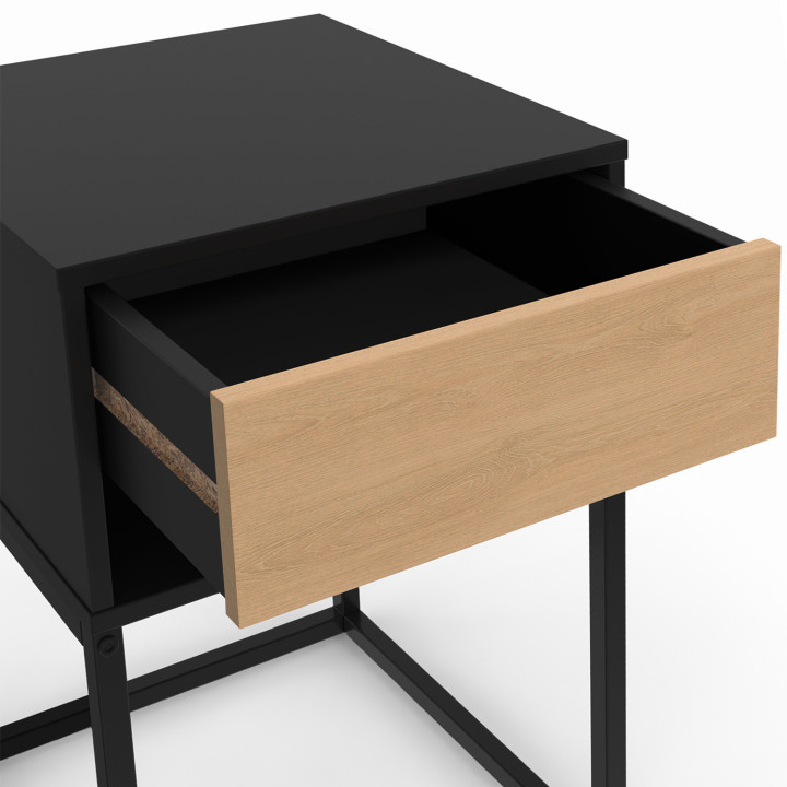 Lot de 2 tables de chevet ERNEST 1 tiroir et 1 niche noir et façon hêtre
