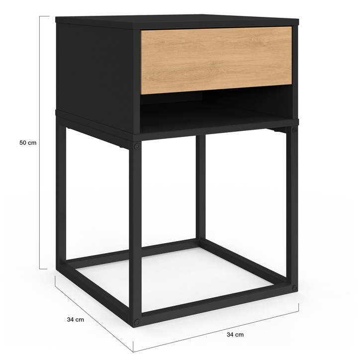 Lot de 2 tables de chevet ERNEST 1 tiroir et 1 niche noir et façon hêtre